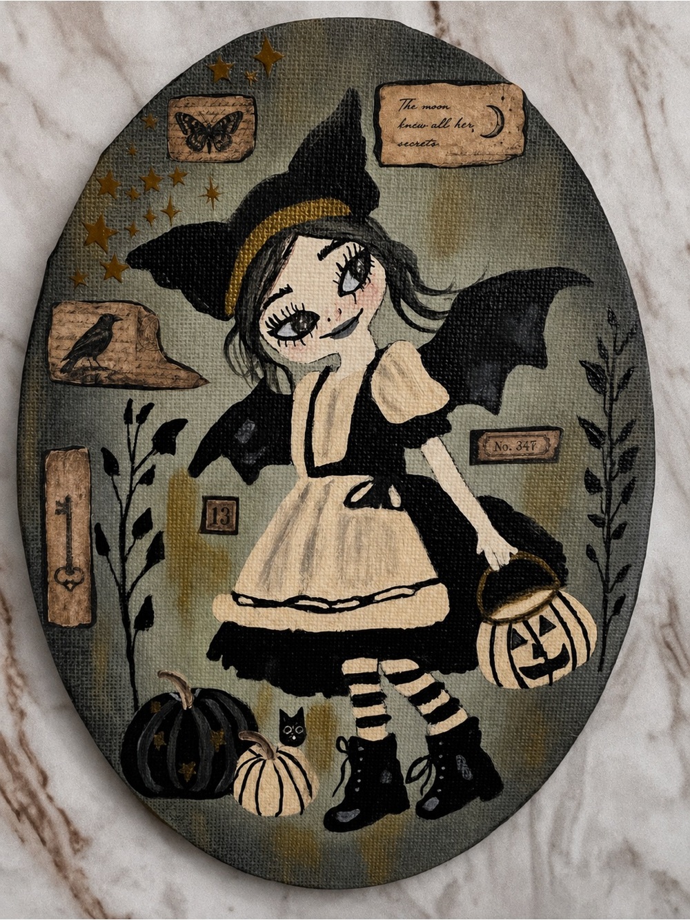 The Moon Knew All Her Secrets – Original Whimsical Gothic Witch Mixed Media Art